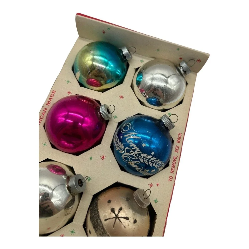 VTG Box of 6 Glass Christmas Tree Ornaments Round Balls Glitter Solid Stenciled‎